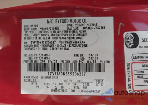 2005 Ford Mustang V6 Deluxe/V6 Premium from USA, damaged, VIN 1ZVFT80N355206237